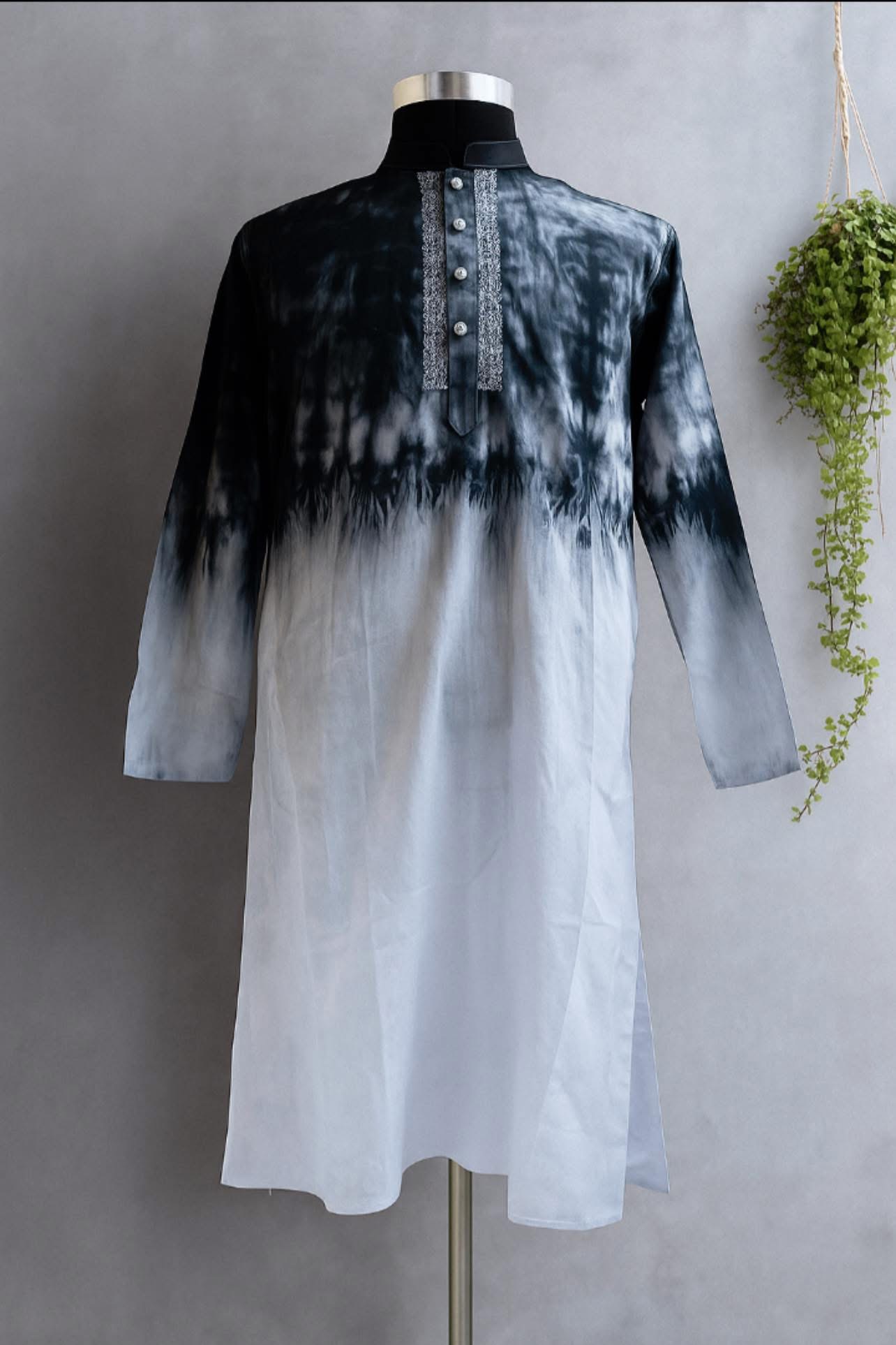 Dhuti cotton fabric. Black and white tie dye with hand embroidery panjabi