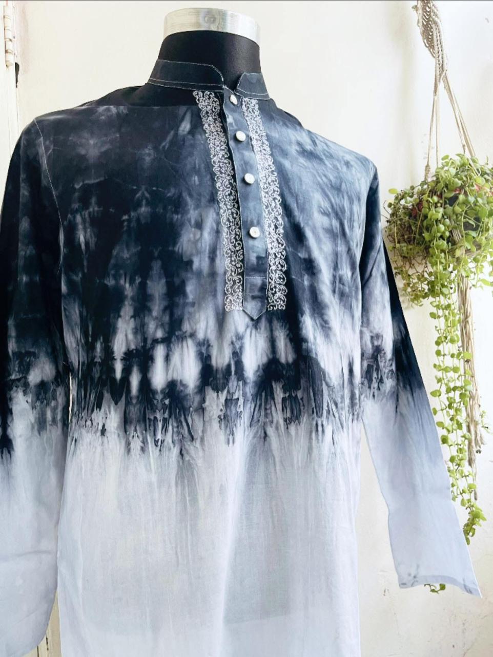 Second image of Dhuti cotton fabric. Black and white tie dye with hand embroidery panjabi